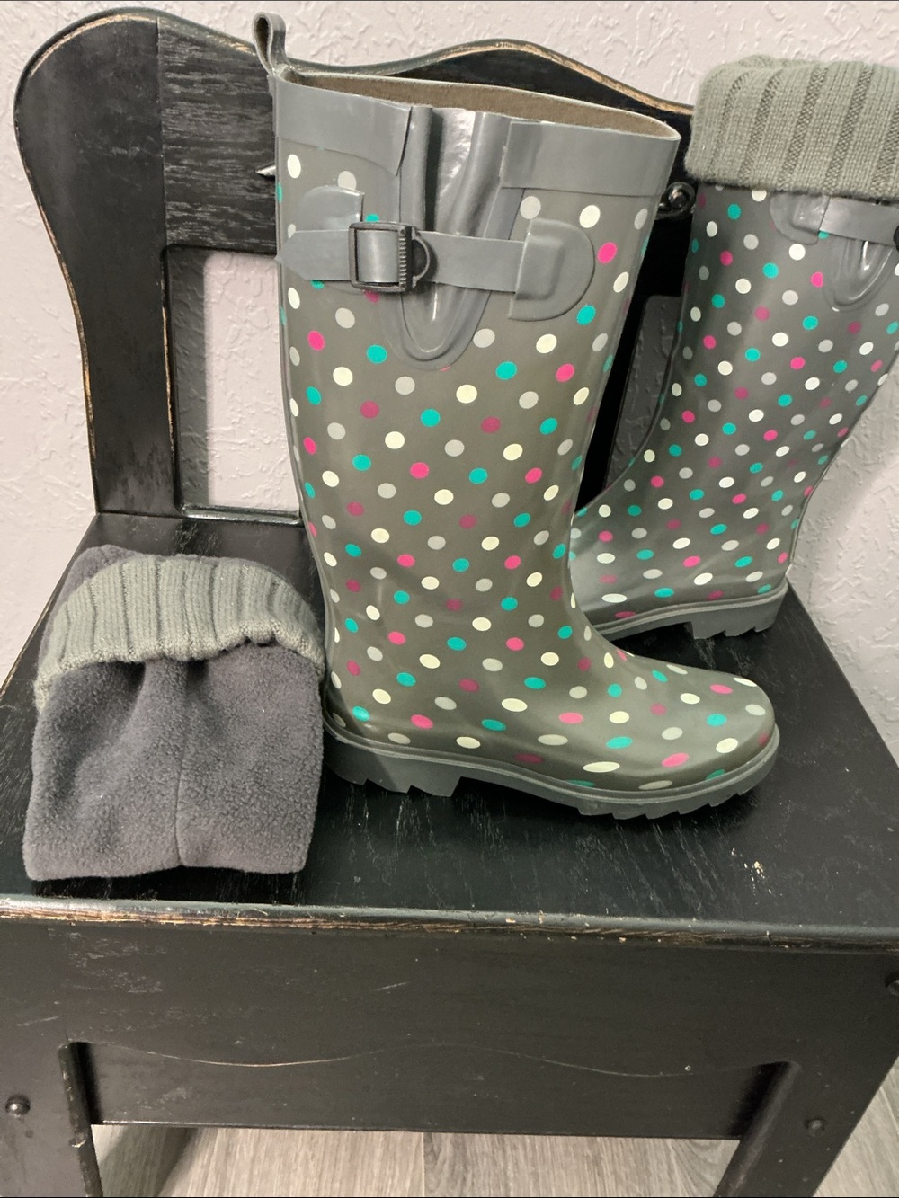 Gray Polka Dot Rain Boots with Knit Cuff - Picture 2 of 4